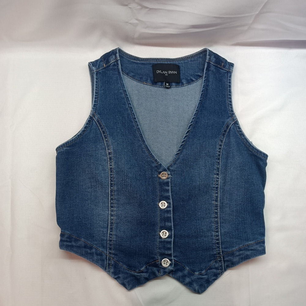 Dylan Ryan NYC Women Medium Blue Denim Vest Cropped Button Down Waistcoat